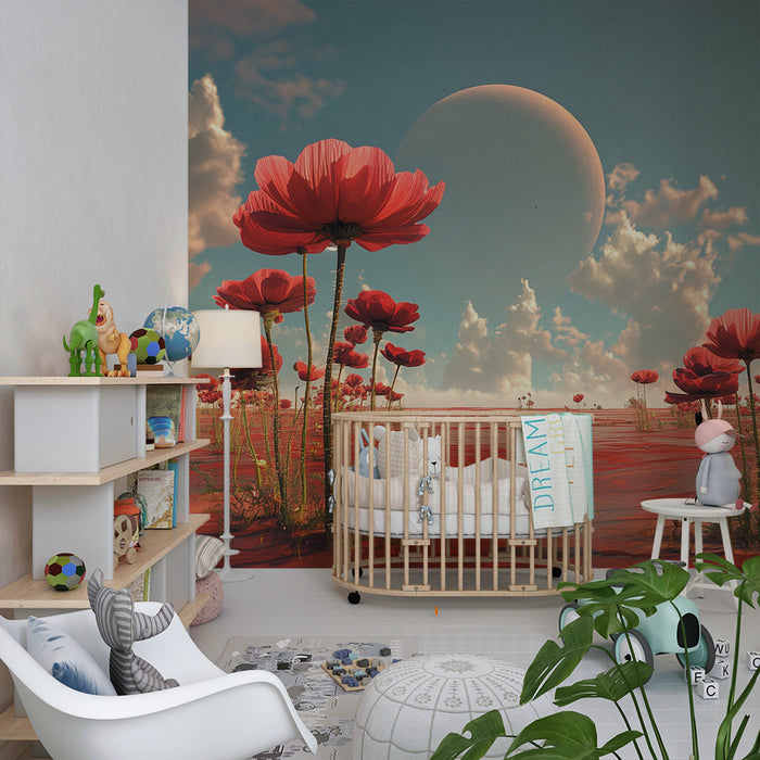Lastenhuoneen tapetti | Punainen kukkaisunelma