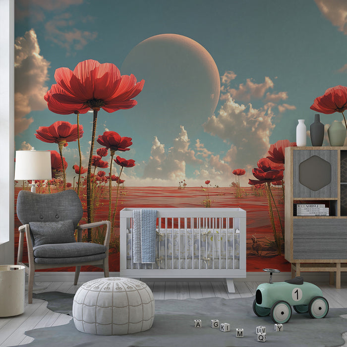 Lastenhuoneen tapetti | Punainen kukkaisunelma