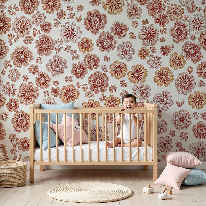 Papier peint chambre enfant | Fleurs vintage rouges et jaunes