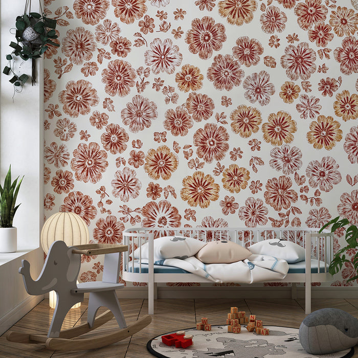 Papier peint chambre enfant | Fleurs vintage rouges et jaunes