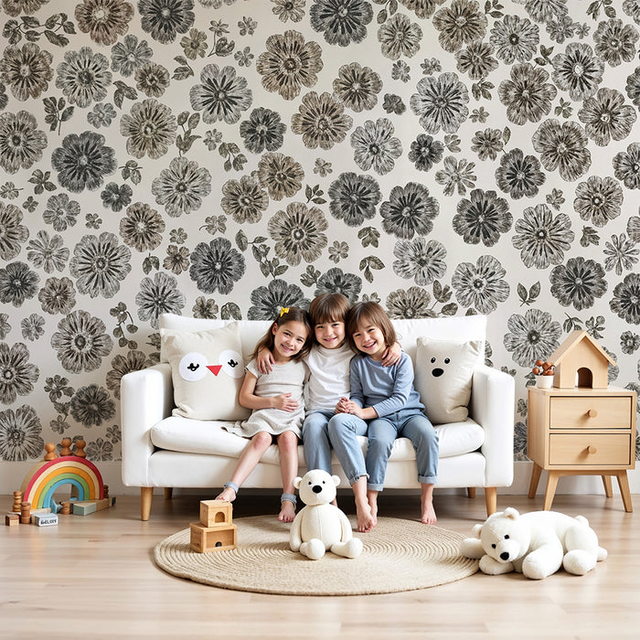 Papier peint chambre enfant | Fleurs vintage monochromes