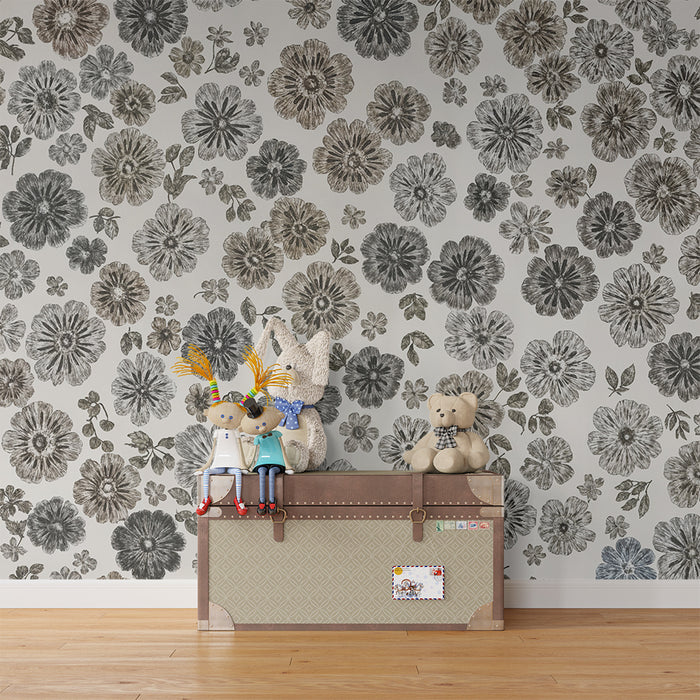 Papier peint chambre enfant | Fleurs vintage monochromes