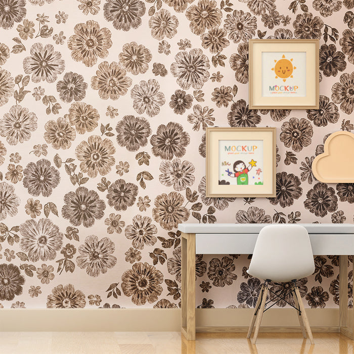 Papier peint chambre enfant | Fleurs vintage monochromes