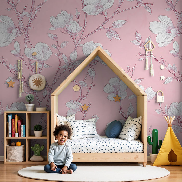 Lastenhuoneen tapetti | Herkät kukat vaaleanpunaisella taustalla