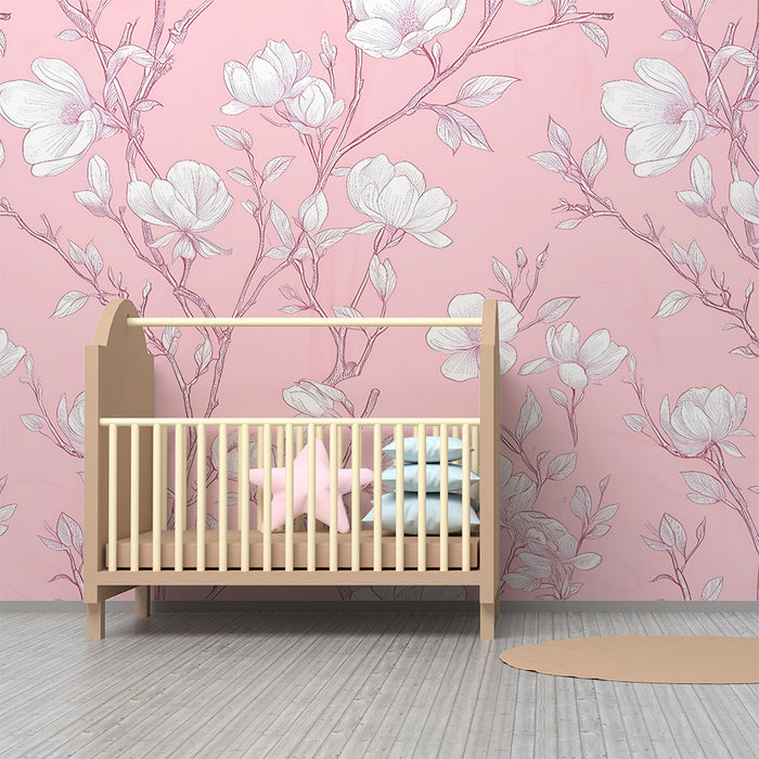 Lastenhuoneen tapetti | Herkät kukat vaaleanpunaisella taustalla