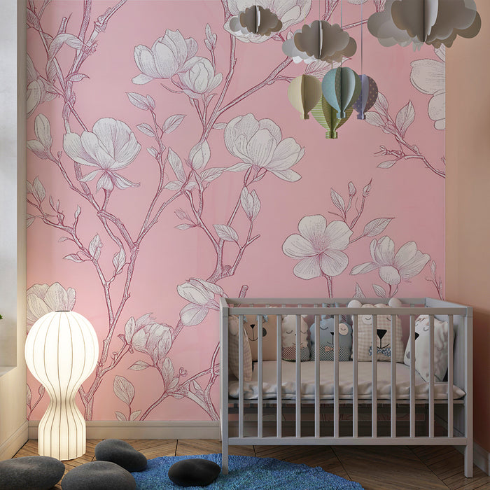Lastenhuoneen tapetti | Herkät kukat vaaleanpunaisella taustalla