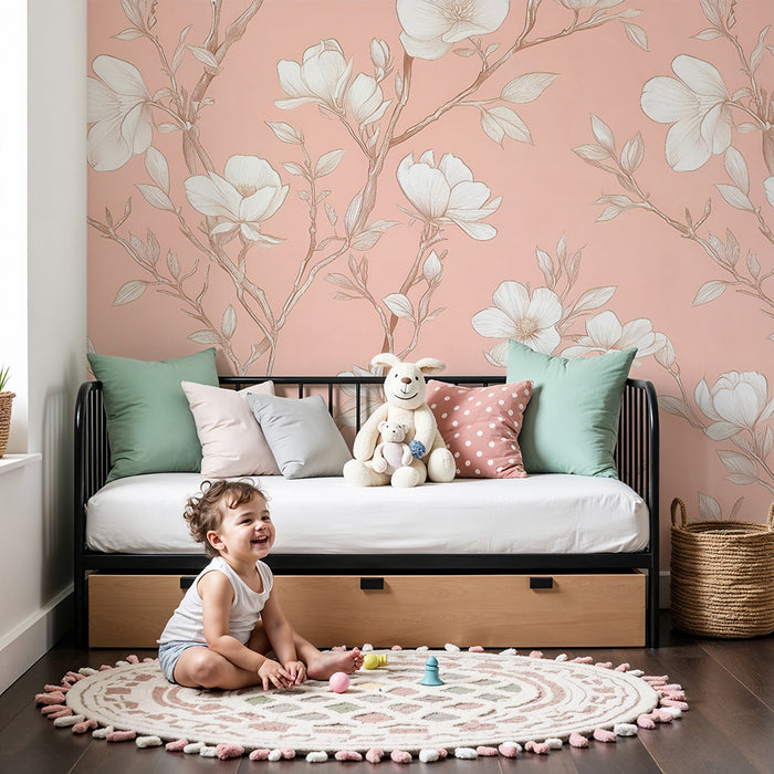 Papier peint chambre bébé | Fleurs de magnolia sur fond rose