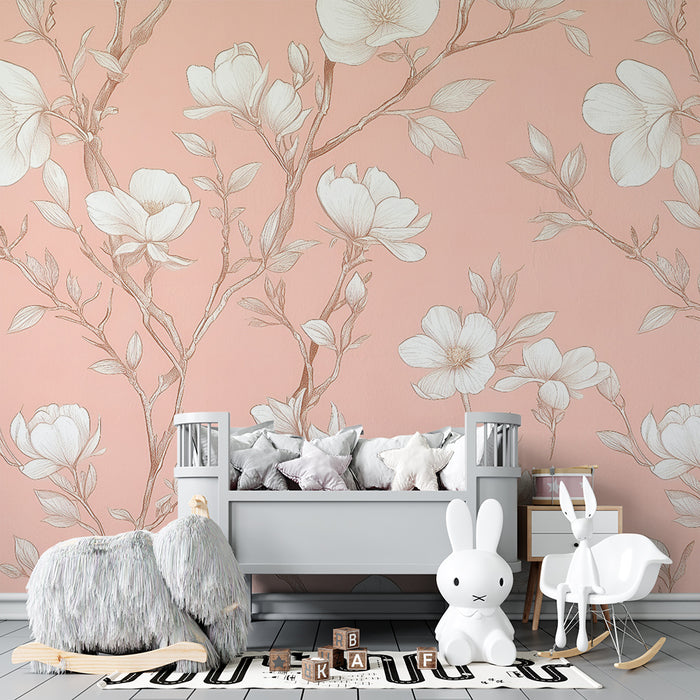 Papier peint chambre bébé | Fleurs de magnolia sur fond rose