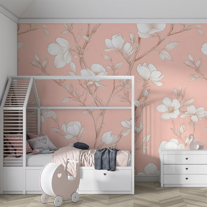 Papier peint chambre bébé | Fleurs de magnolia sur fond rose