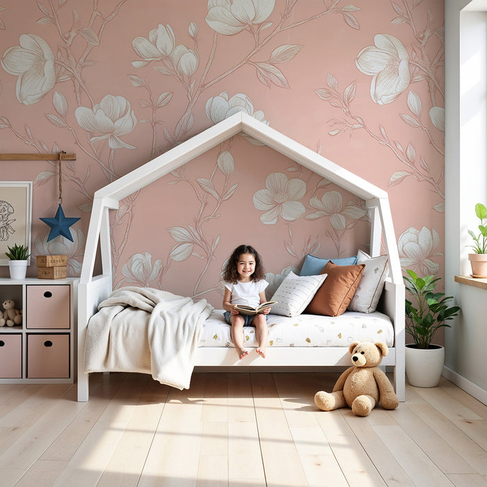 Lastenhuoneen tapetti | Magnolian kukkia vaaleanpunaisella taustalla