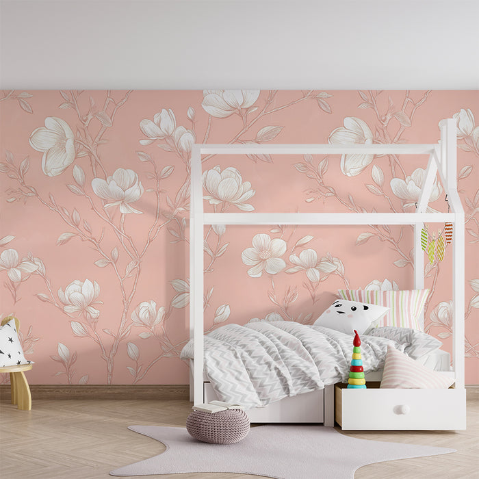 Lastenhuoneen tapetti | Magnolian kukkia vaaleanpunaisella taustalla