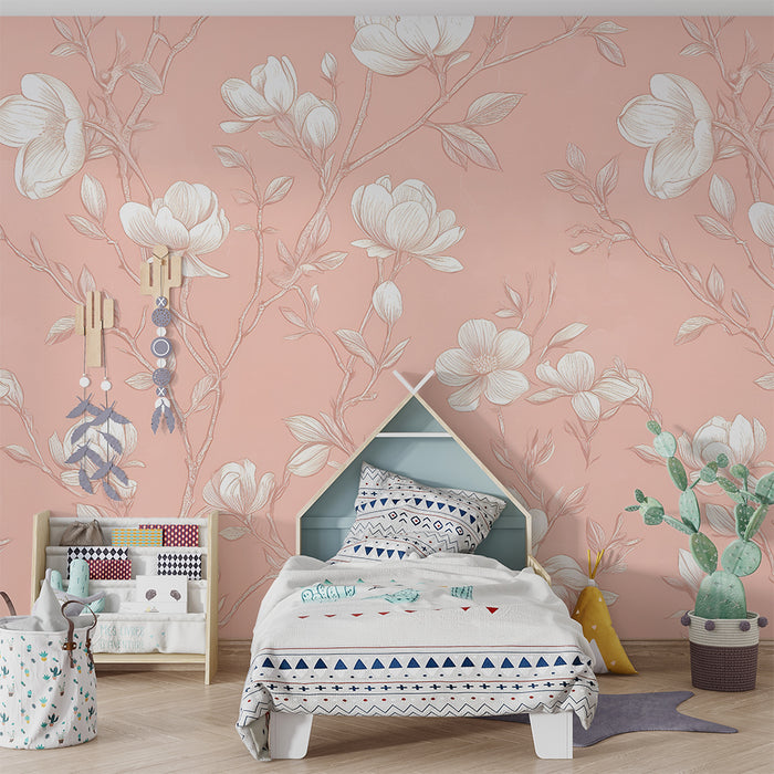 Lastenhuoneen tapetti | Magnolian kukkia vaaleanpunaisella taustalla
