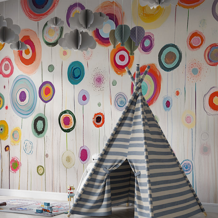 Tapet barnerom | Abstrakte blomster og fargerike sirkler