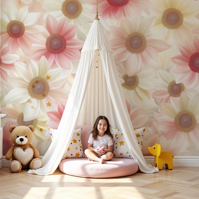 Lastenhuoneen tapetti | Vaaleanpastelliset kukat täydessä kukassa