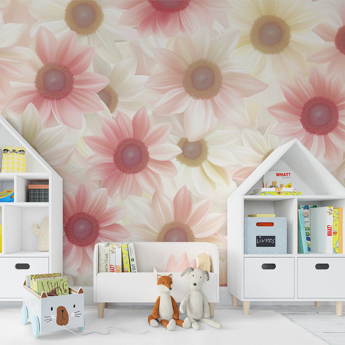Lastenhuoneen tapetti | Vaaleanpastelliset kukat täydessä kukassa