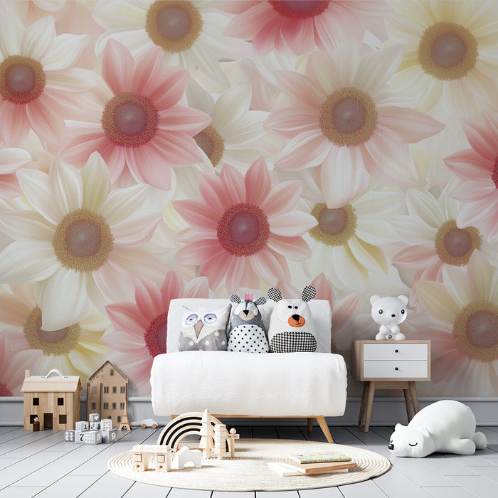 Lastenhuoneen tapetti | Vaaleanpastelliset kukat täydessä kukassa