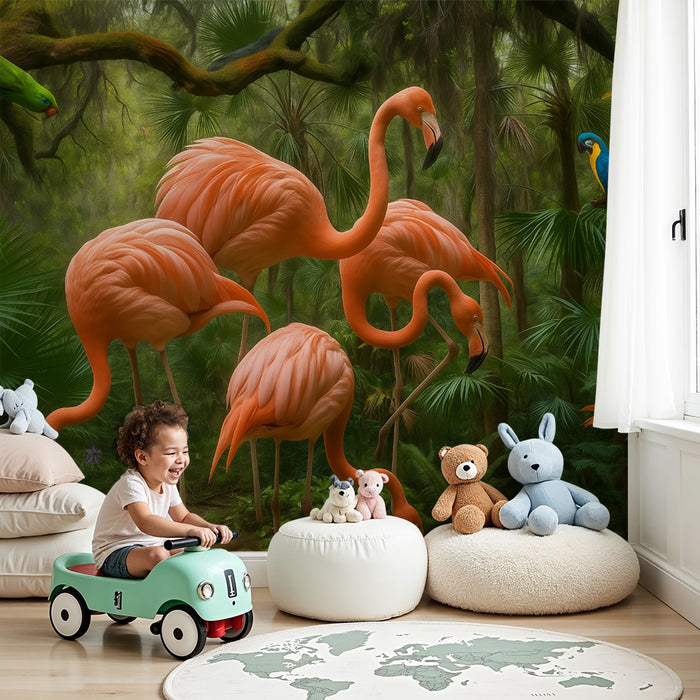 Lastenhuoneen tapetti | Eksoottiset flamingot ja papukaijat