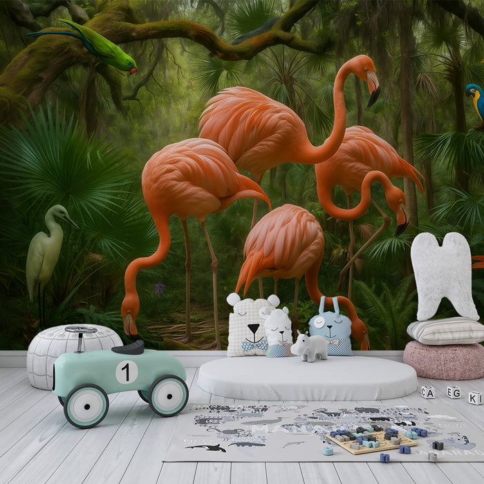 Lastenhuoneen tapetti | Eksoottiset flamingot ja papukaijat