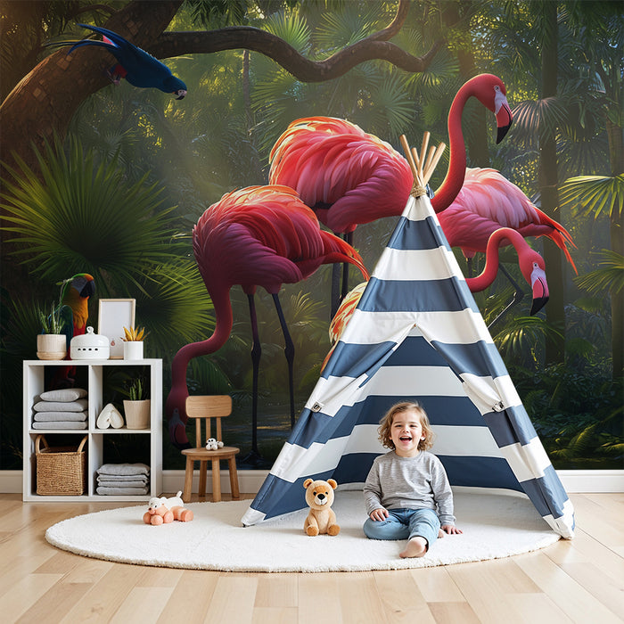 Barntapet | Flamingos och tropiska papegojor