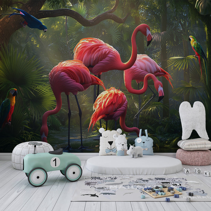 Barntapet | Flamingos och tropiska papegojor