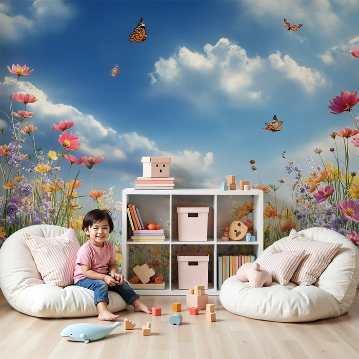 Papier de parede quarto criança | Prado florido e borboletas