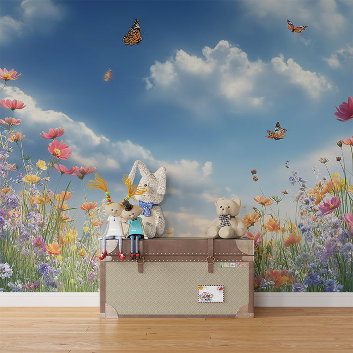 Papier de parede quarto criança | Prado florido e borboletas