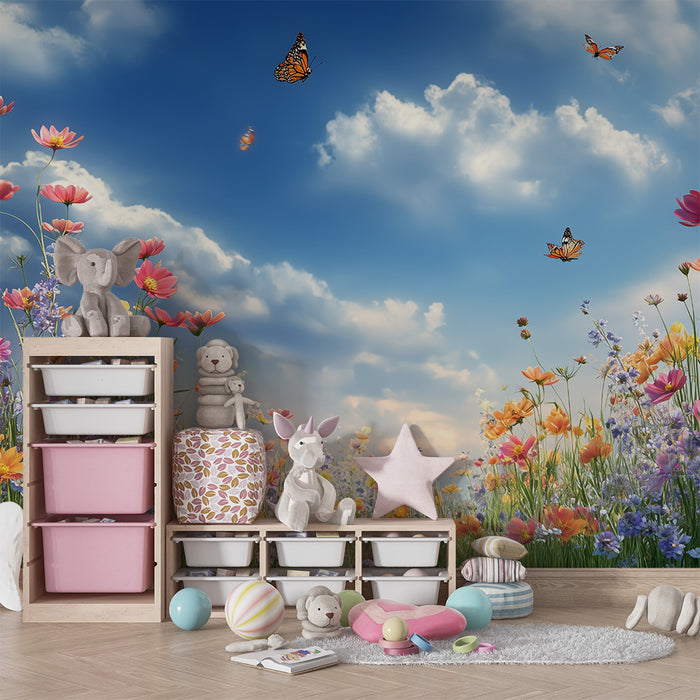 Papier de parede quarto criança | Prado florido e borboletas