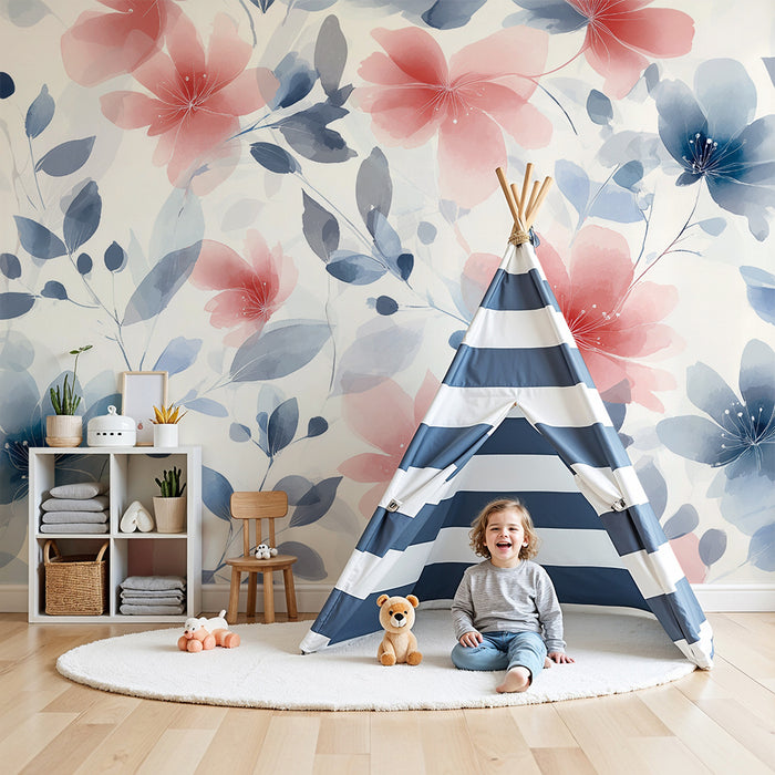 Barntapet | Röda och blå akvarellblommor