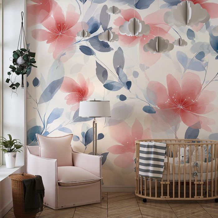 Barntapet | Röda och blå akvarellblommor