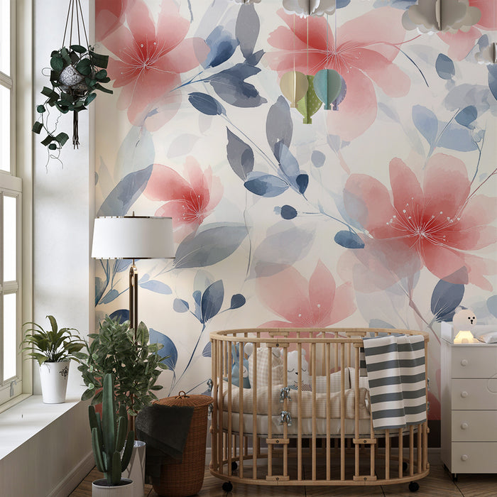 Barntapet | Röda och blå akvarellblommor