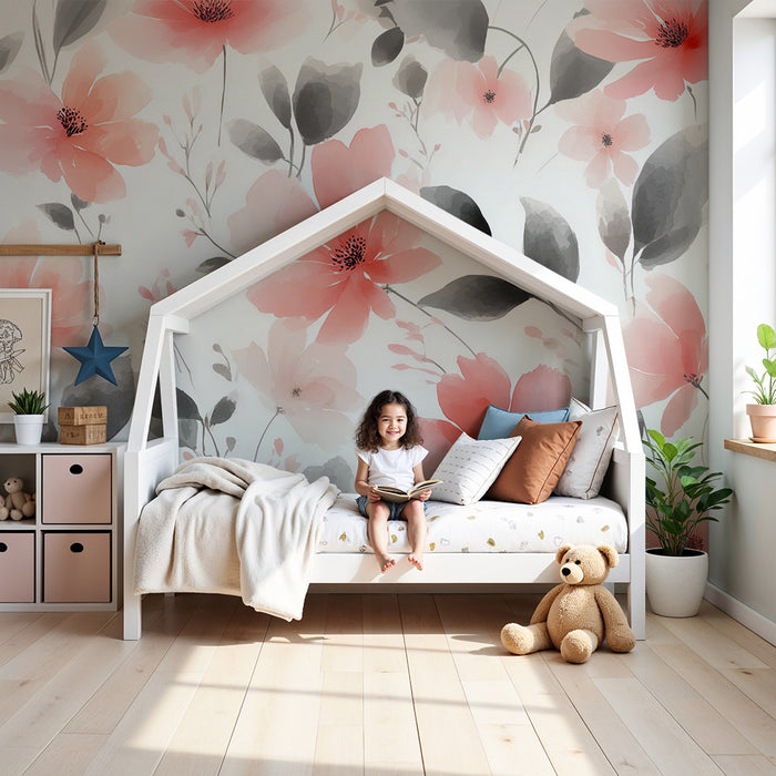 Χαρτί τοίχου για το παιδικό δωμάτιο | Ακουαρέλα λουλούδια ροζ και γκρι