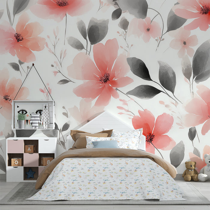 Χαρτί τοίχου για το παιδικό δωμάτιο | Ακουαρέλα λουλούδια ροζ και γκρι