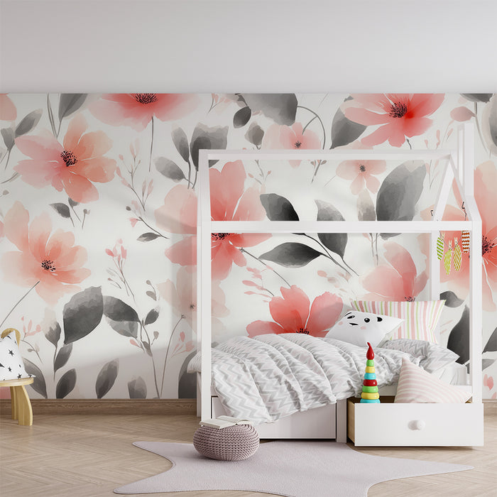 Χαρτί τοίχου για το παιδικό δωμάτιο | Ακουαρέλα λουλούδια ροζ και γκρι
