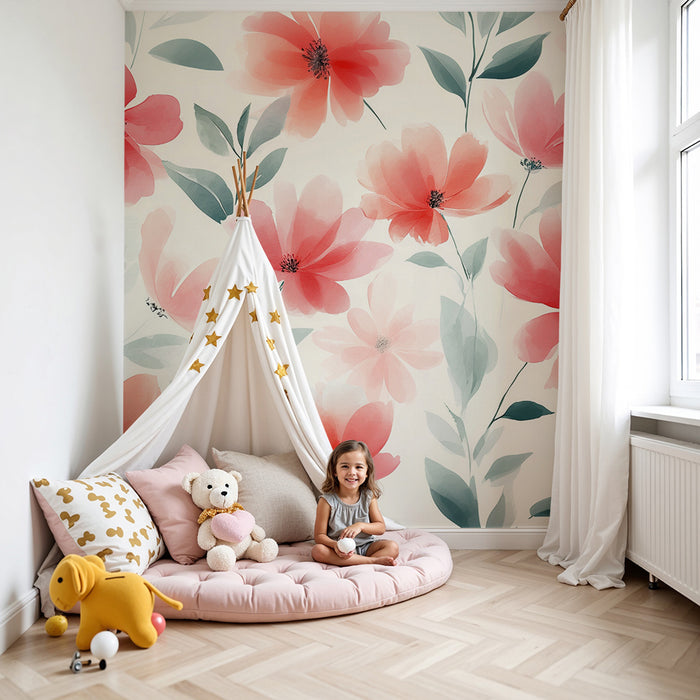 Lastenhuoneen tapetti | Punaiset ja vihreät akvarellikukat