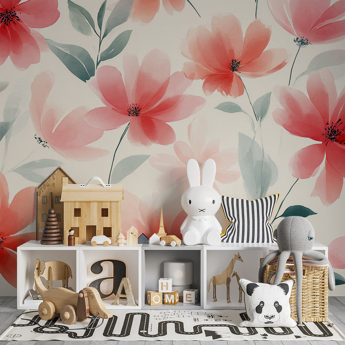 Lastenhuoneen tapetti | Punaiset ja vihreät akvarellikukat