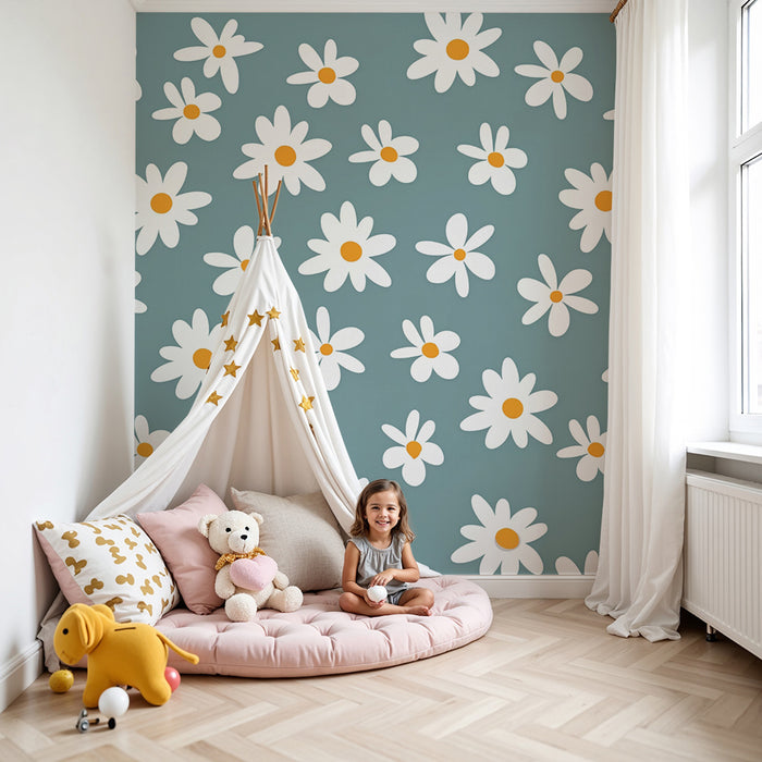 Tapeta z margerytkami | Niebieskie tło z białymi kwiatami