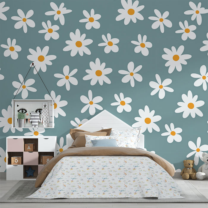 Tapeta z margerytkami | Niebieskie tło z białymi kwiatami