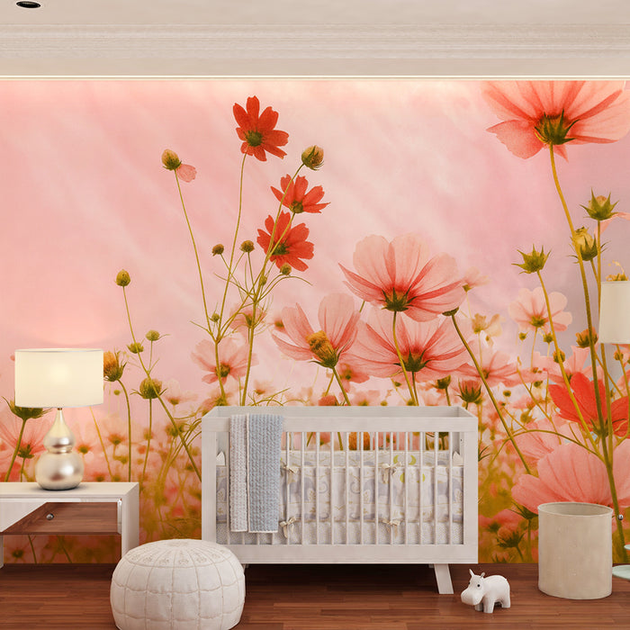 Lastenhuoneen tapetti | Pinkkien kukkien kenttä