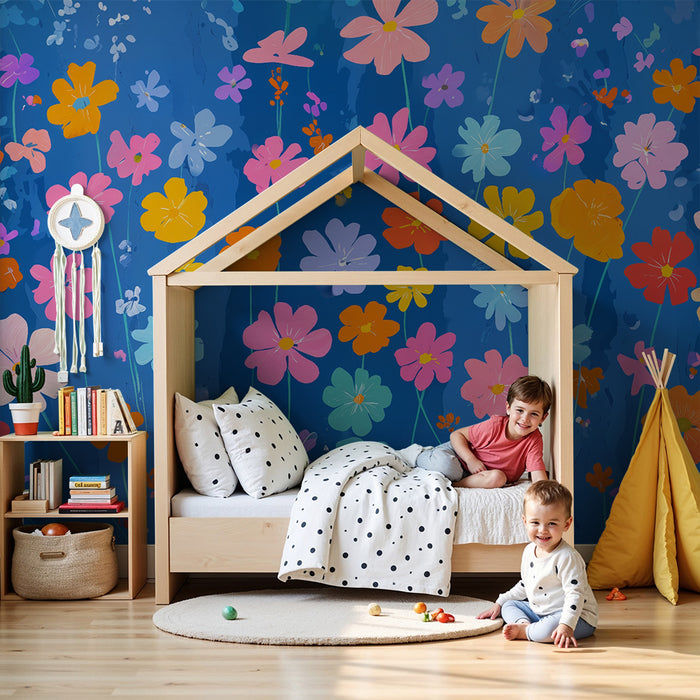 Detská izba tapeta | Farebné kvety na modrom pozadí