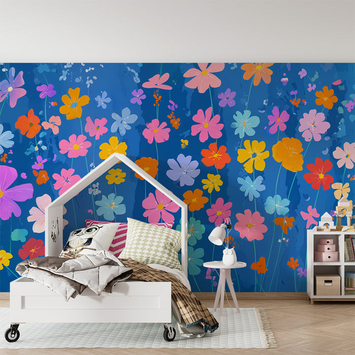 Detská izba tapeta | Farebné kvety na modrom pozadí