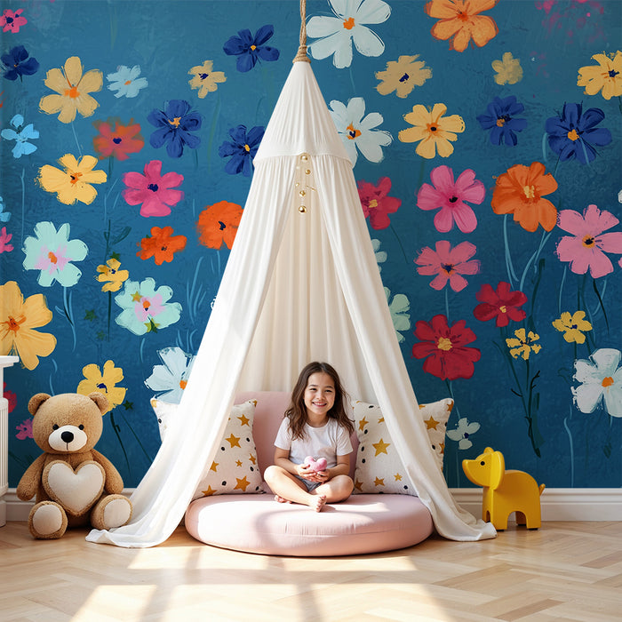 Børneværelse tapet | Farverige blomster på blå baggrund