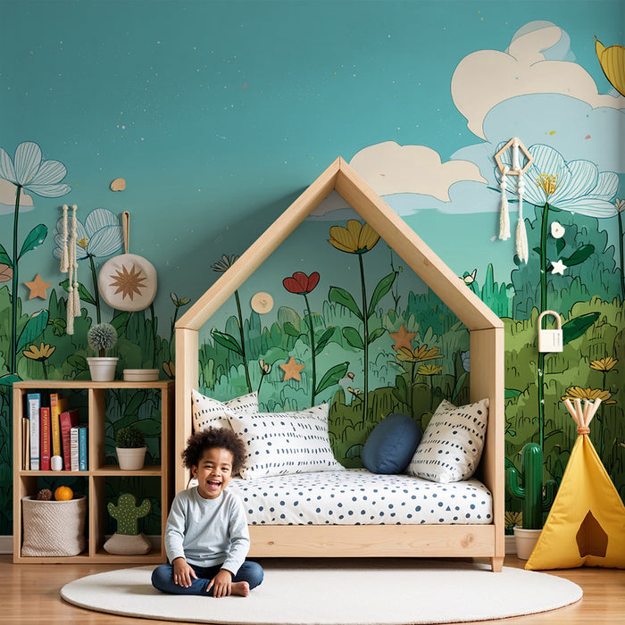 Lastenhuoneen tapetti | Vaaleanpunainen kukkaniitty