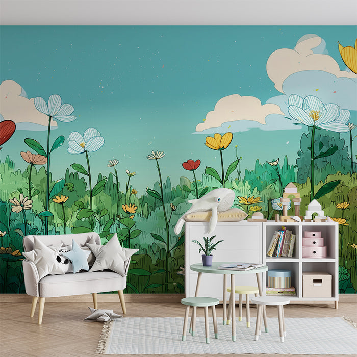 Lastenhuoneen tapetti | Vaaleanpunainen kukkaniitty