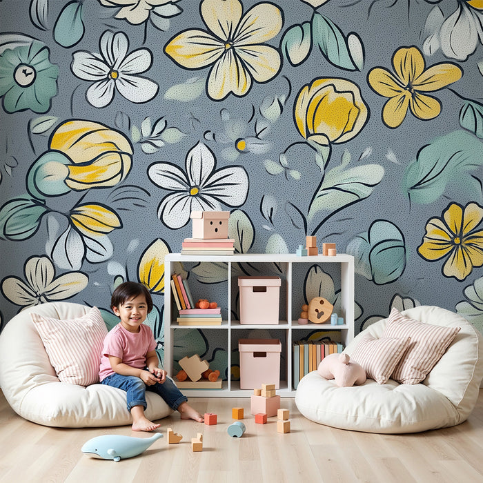 Χαρτί τοίχου παιδικού δωματίου | Ανθισμένα λουλούδια και γκρι φύλλα