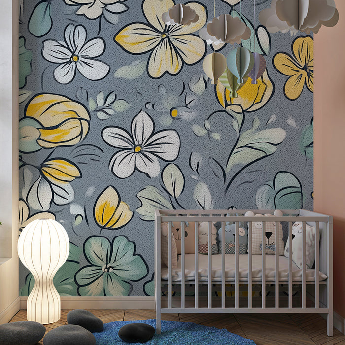 Χαρτί τοίχου παιδικού δωματίου | Ανθισμένα λουλούδια και γκρι φύλλα