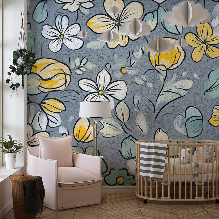 Χαρτί τοίχου παιδικού δωματίου | Ανθισμένα λουλούδια και γκρι φύλλα