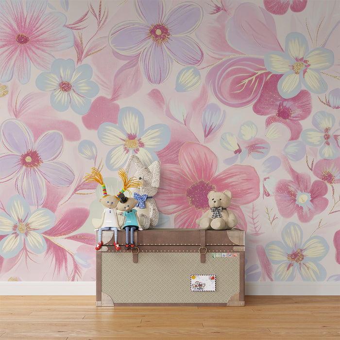 Lastenhuoneen tapetti | Vaaleanpunaiset kukat ja kultaiset yksityiskohdat