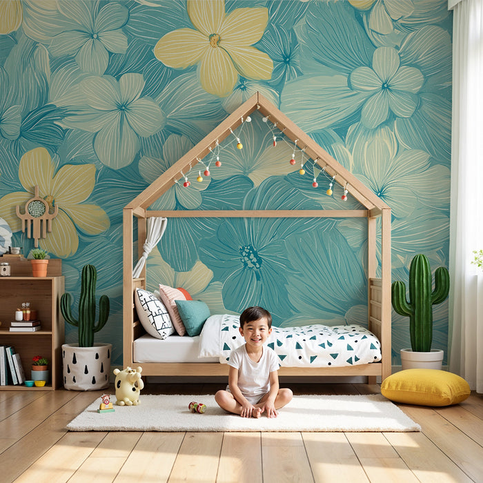 Lastenhuoneen tapetti | Vaalean sinisiä ja keltaisia kukkia