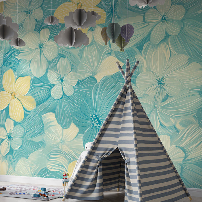 Lastenhuoneen tapetti | Vaalean sinisiä ja keltaisia kukkia