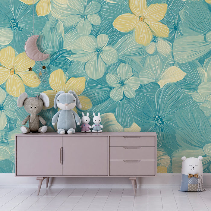 Lastenhuoneen tapetti | Vaalean sinisiä ja keltaisia kukkia